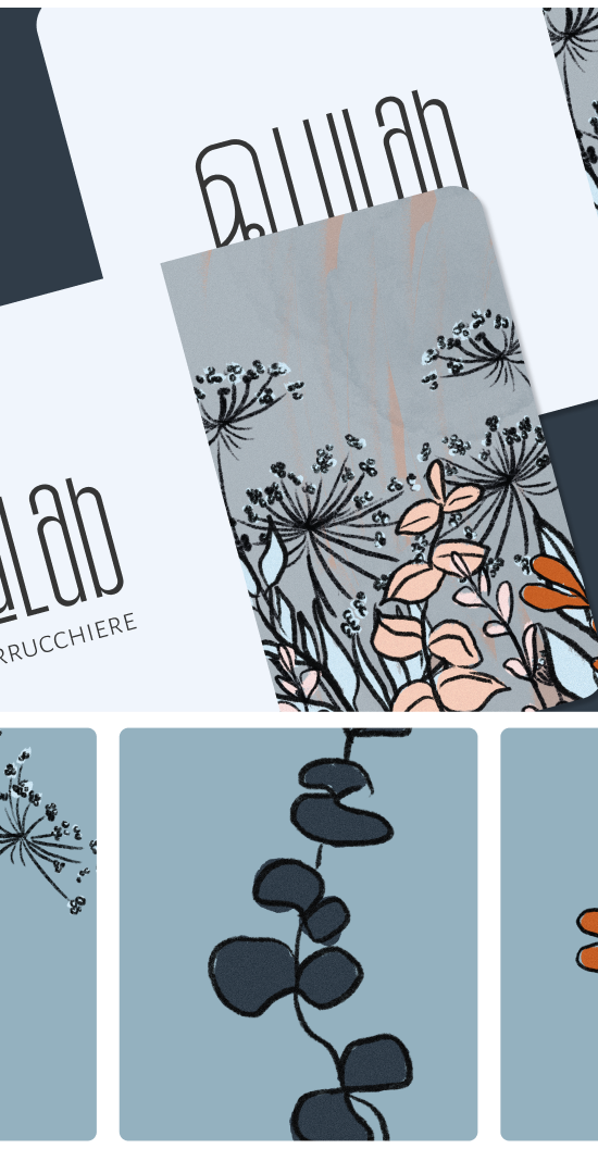 This is a preview image of LuLab brand identity showing the business card and unique illustration style, handdrawn.