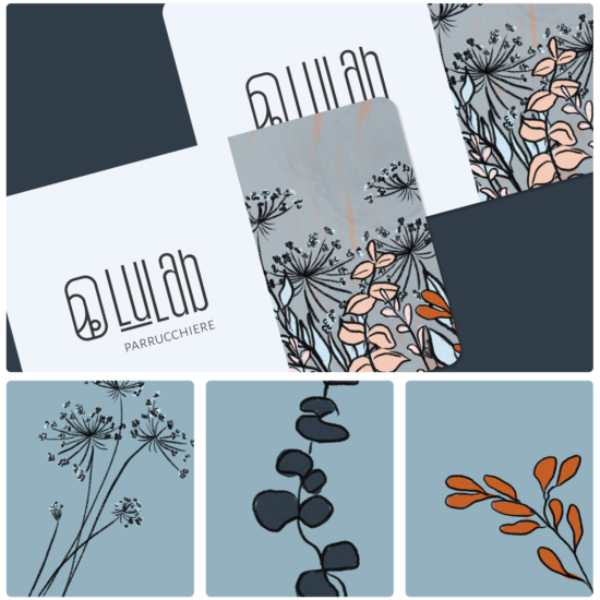 This is a preview image of LuLab brand identity showing the business card and unique illustration style, handdrawn.